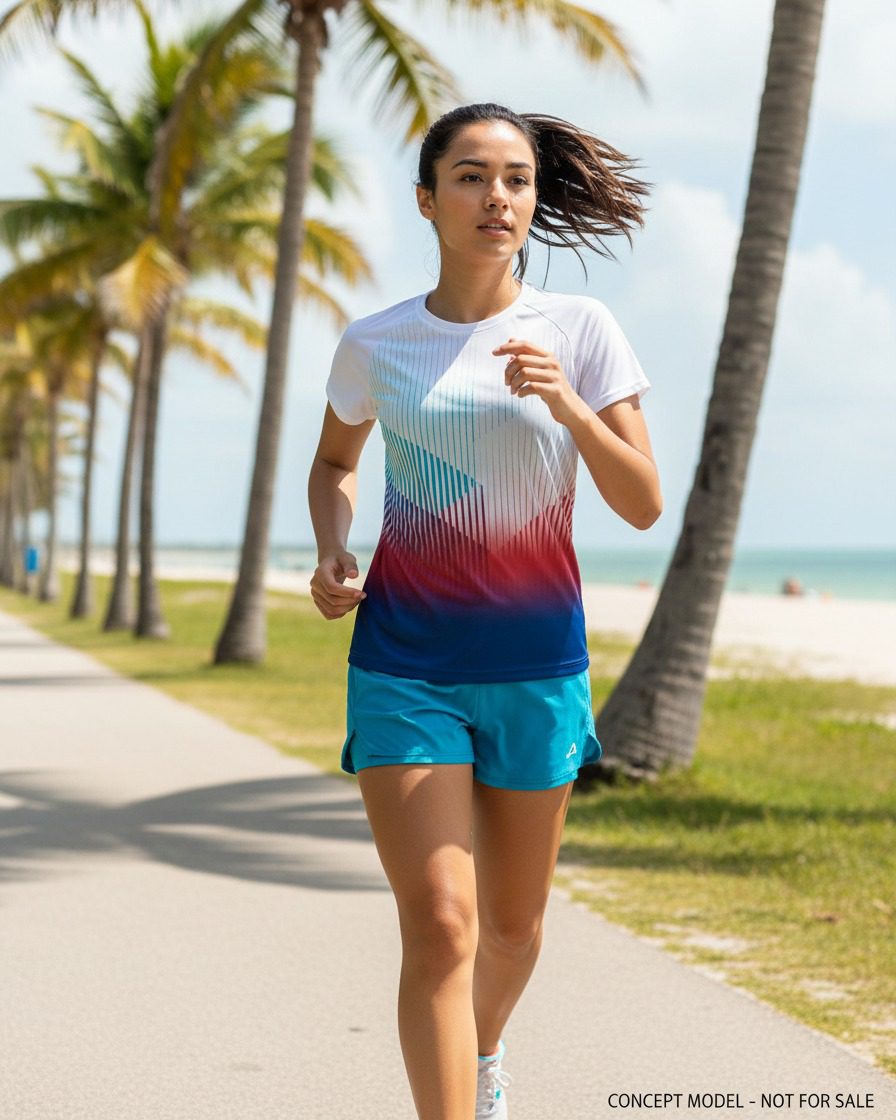 AERO™ Vent Tee for women, lightweight airflow running shirt on a coastal palm-lined road.