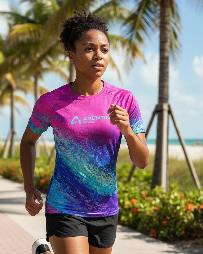 AERO™ Vent Tee for women, lightweight airflow running shirt on a coastal palm-lined road.