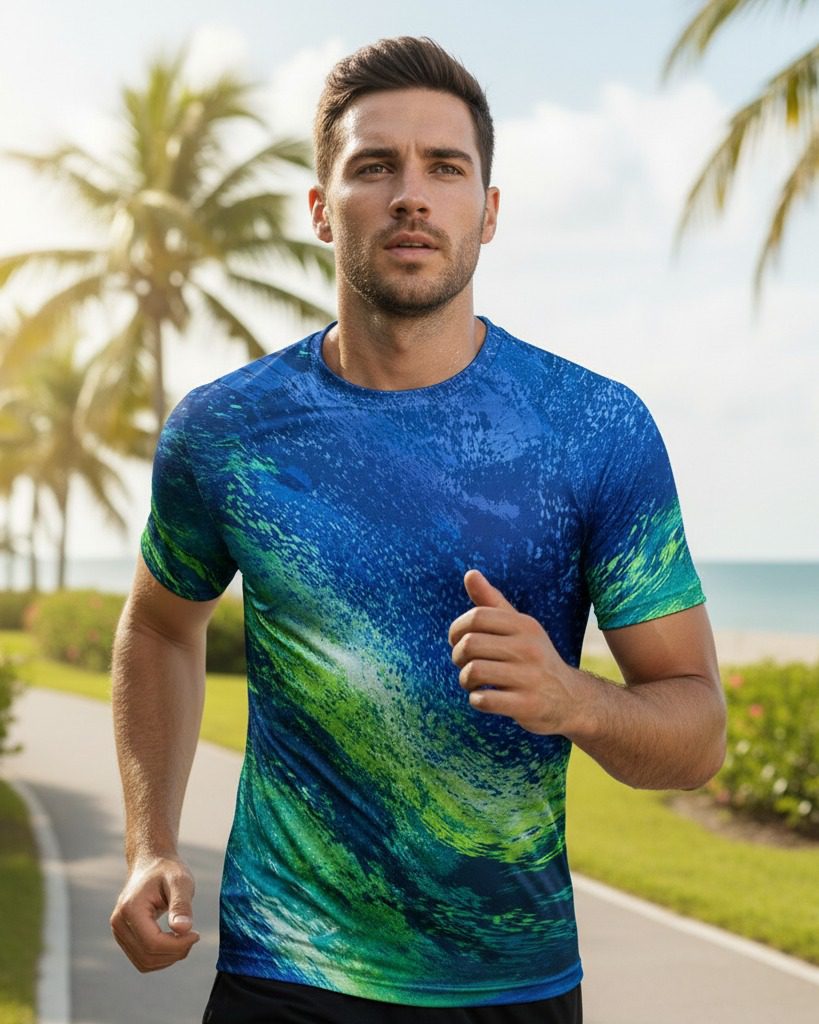 ENDURA™ Run Tee for men, breathable performance running shirt in a Miami city setting.