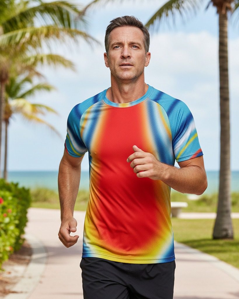 AERO™ Vent Tee for women, lightweight airflow running shirt on a coastal palm-lined road.